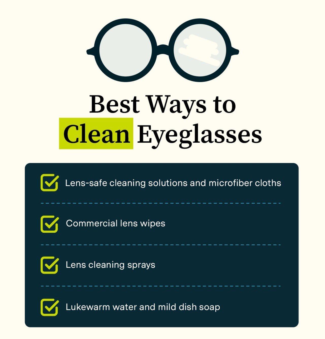 Infographic listing the best ways to clean eyeglasses.