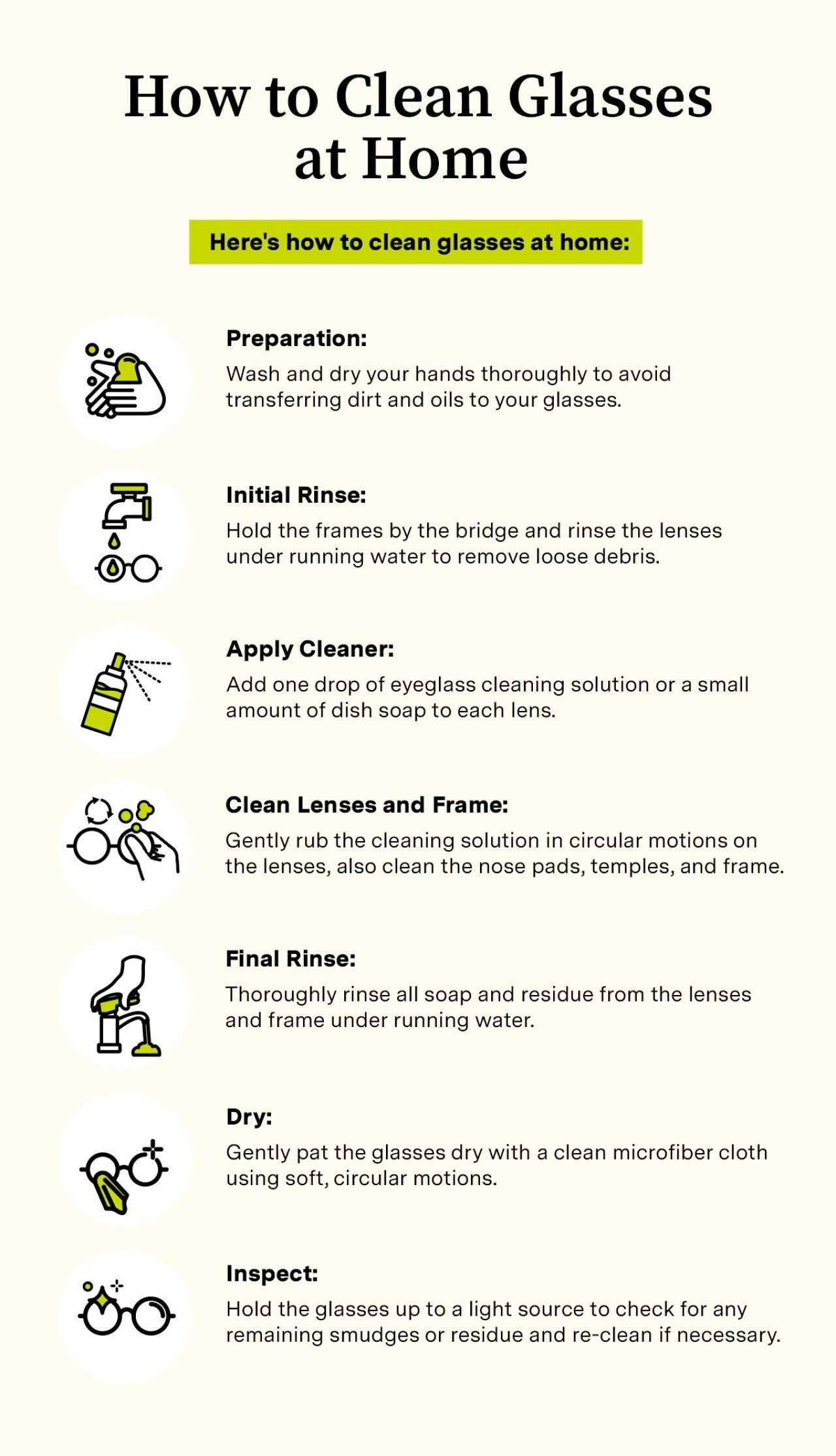 Infographic listing ways on how to clean glasses at home.
