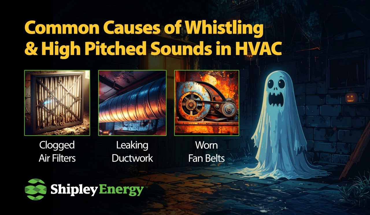 Graphic showing common causes of sounds in HVAC, stylized with halloween and spooky illustrations.