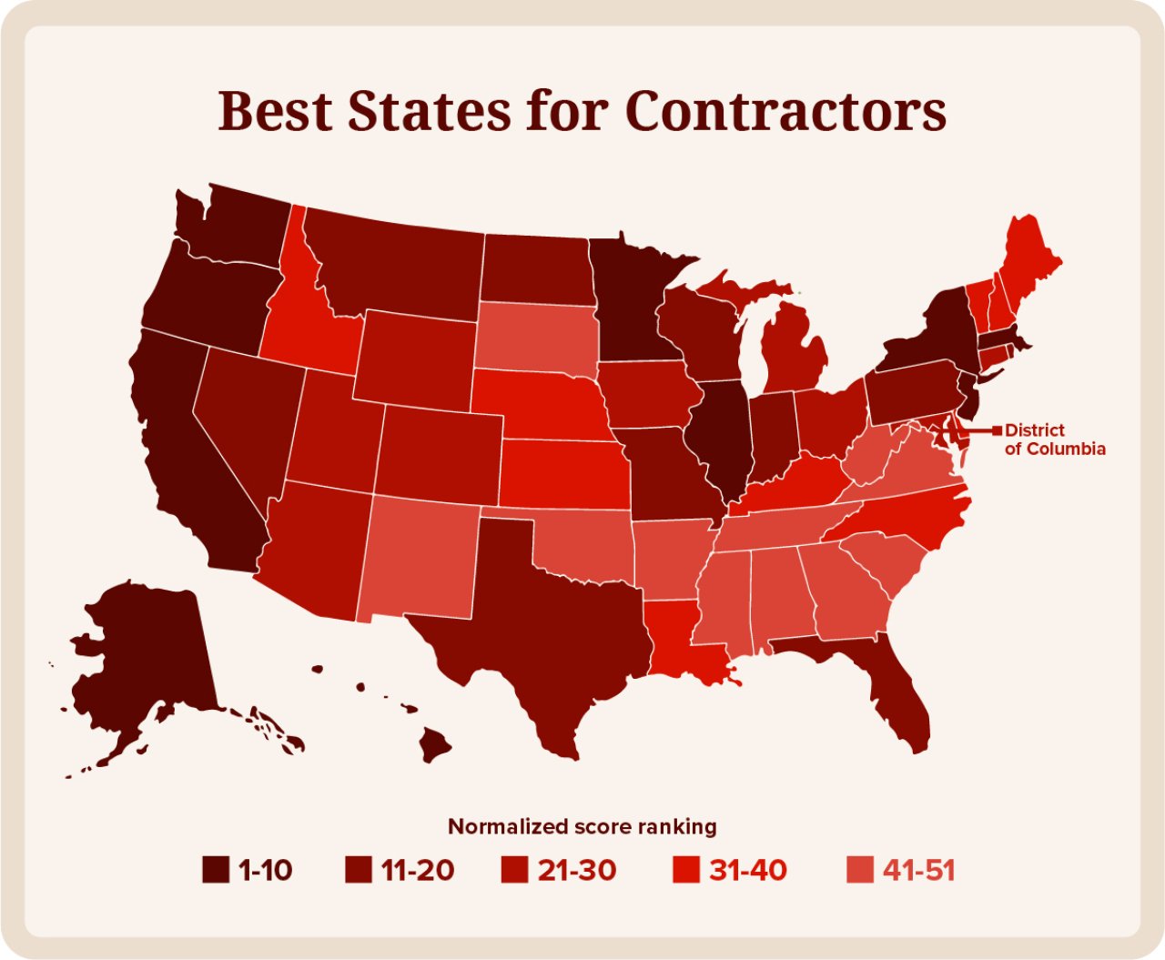 Data map of the US showing the best states for contractors by pay and demand.