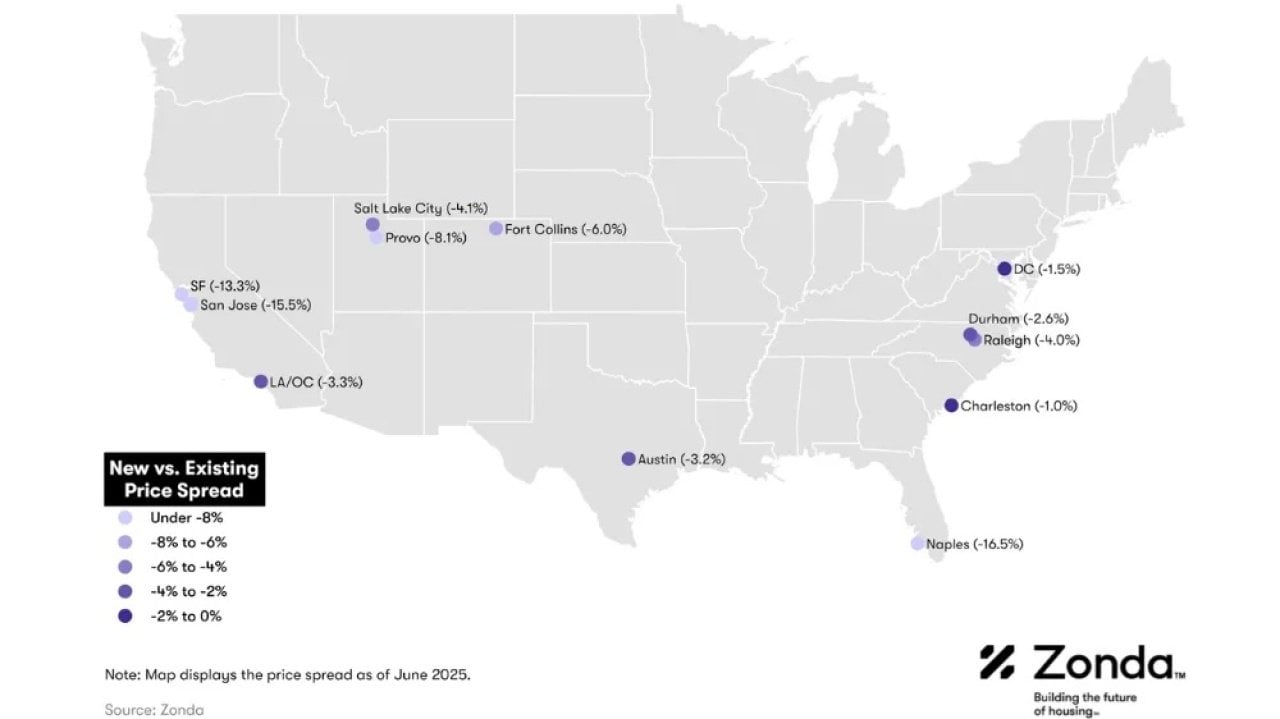 Data map of the US showing where new homes carry a discount.