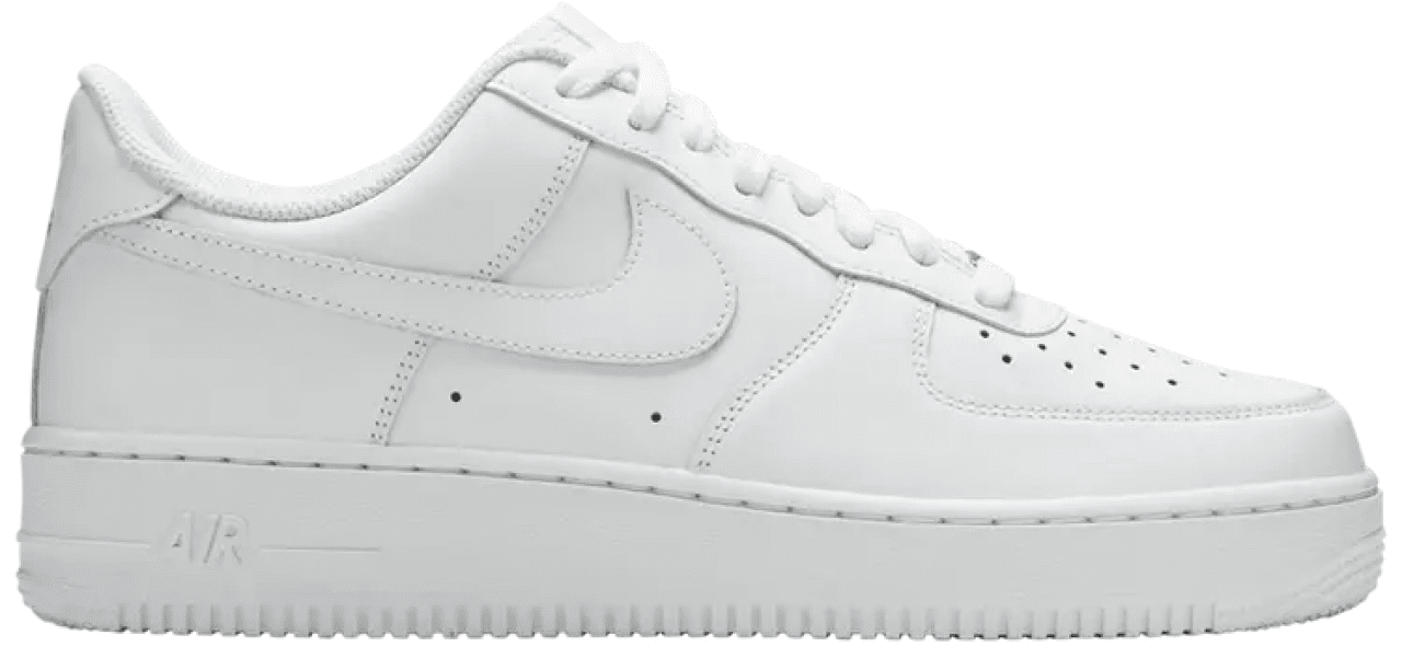 A side view of the white Nike Air Force 1 shoe.
