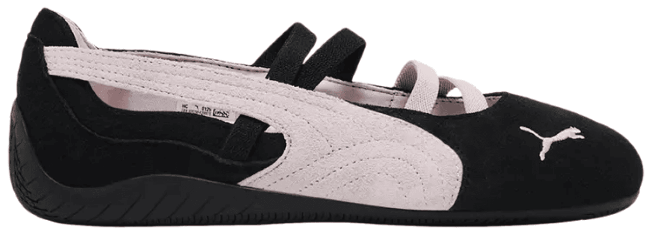 A side view of the PUMA Speedcat Suede Ballet shoe for women in pink and black colorway.