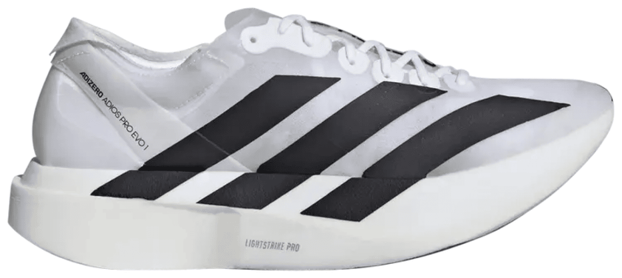 A side view of the adidas Adios Pro Evo 1 shoe in white and black colorway.