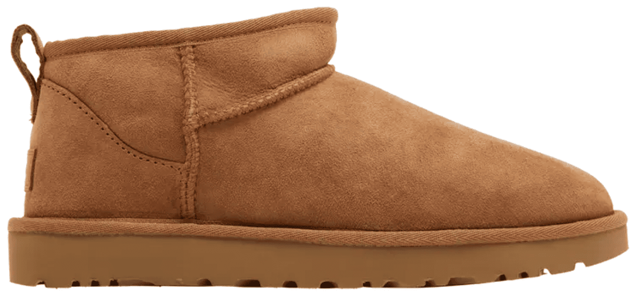A side view of the brown UGG Classic Ultra Mini shoe for women.