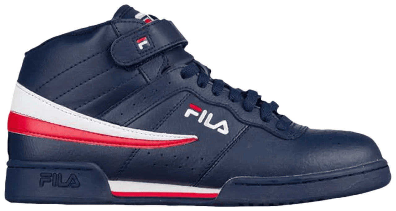 A side view of the Fila F-13V Men's shoe in the navy-white-red colorway.