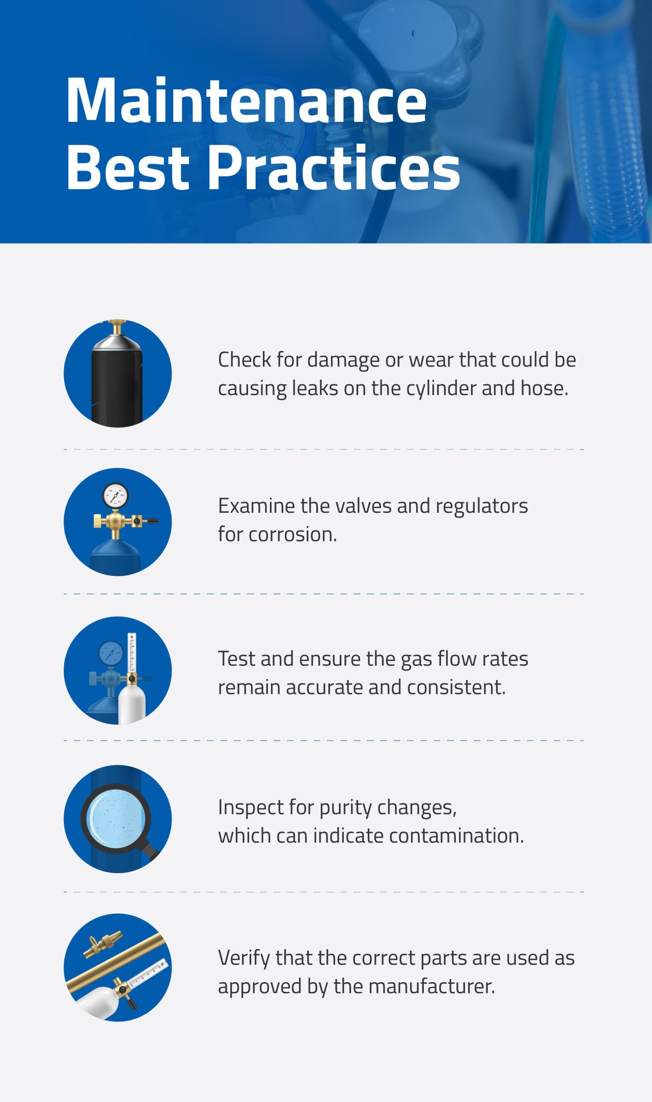 Infographic showing five tips for medical gas cylinder maintenance best practices.