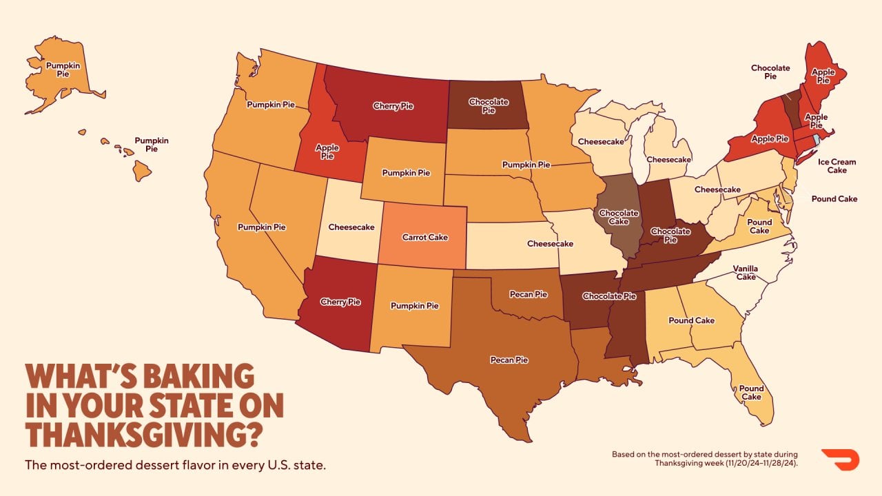 A data map of the US indicating the most-ordered desert flavor in every state.