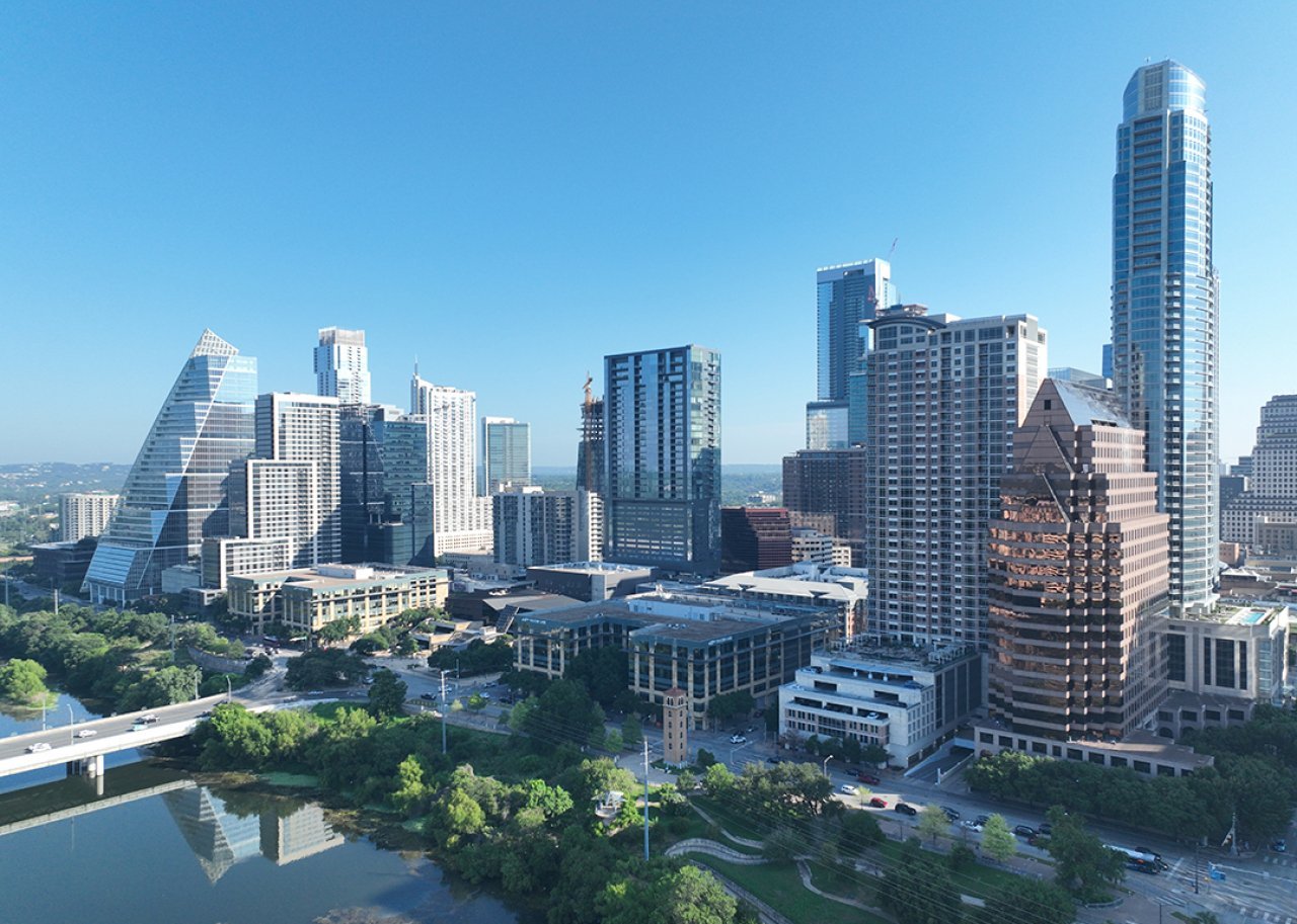 Aerial view of the skyline in Austin, Texas.