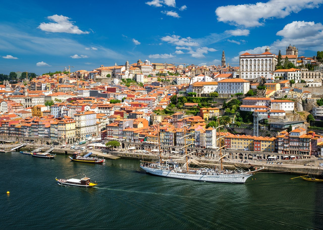 Aerial view of Porto City and Douro River in Portugal.