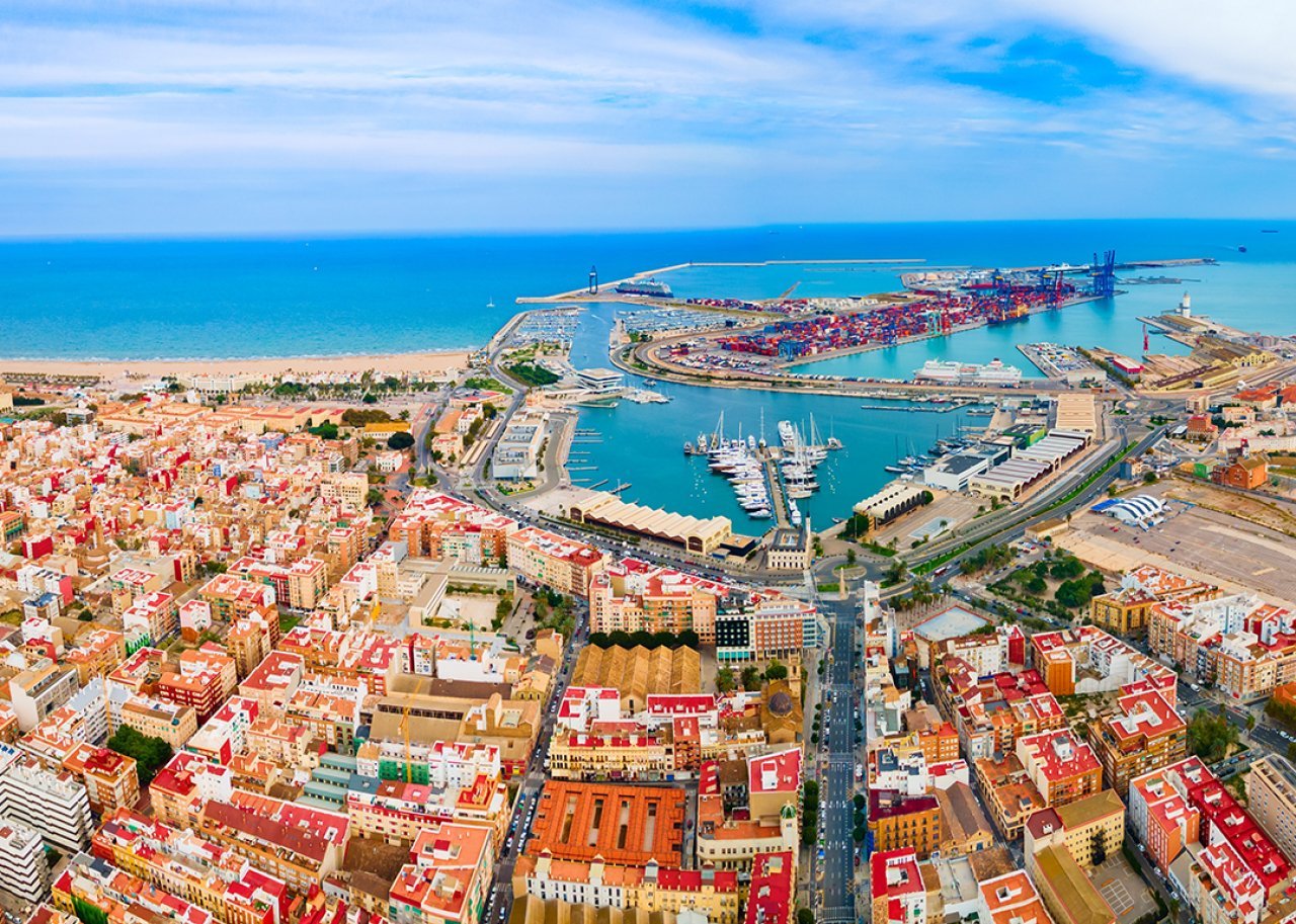 Aerial view of the city and docks in Valencia, Spain.