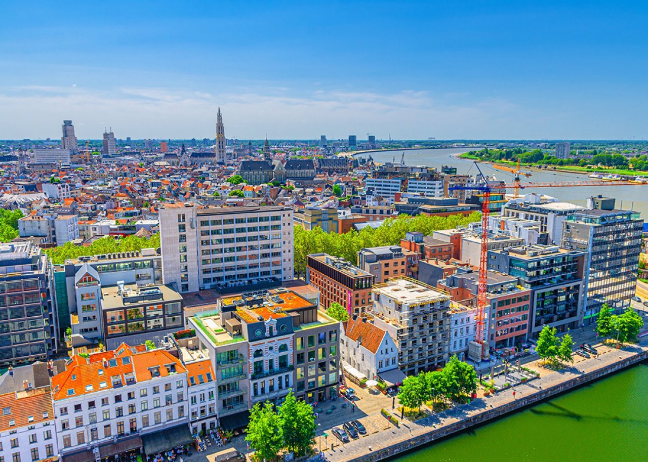 Aerial view of the old town and Schedlt River in Antwerp, Belgium.