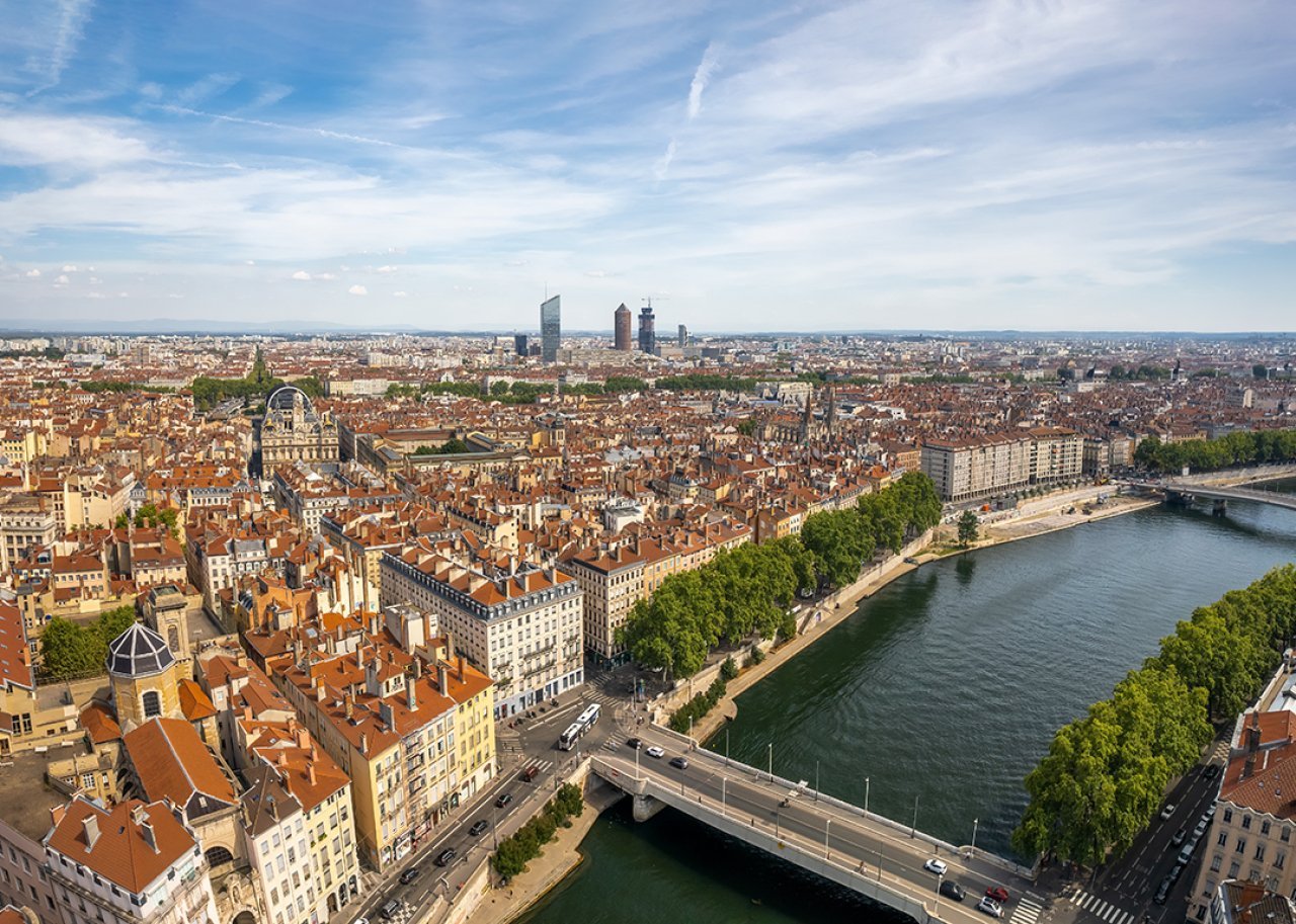 Aerial view of the city and La Part-Dieu Central Business District in Lyon, France.