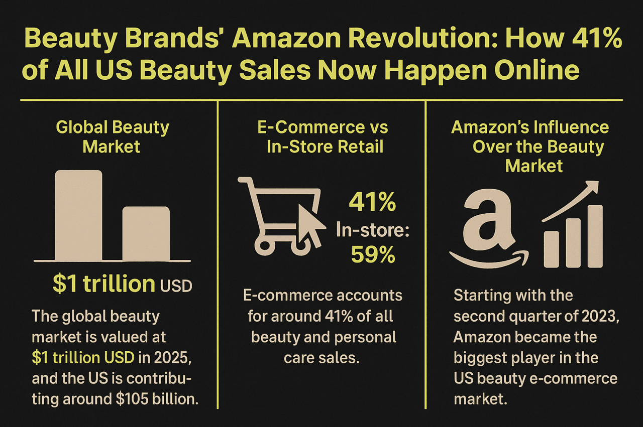 Infographic showing data on beauty brands' Amazon revolution and how 41% of all US beauty sales now happen online.