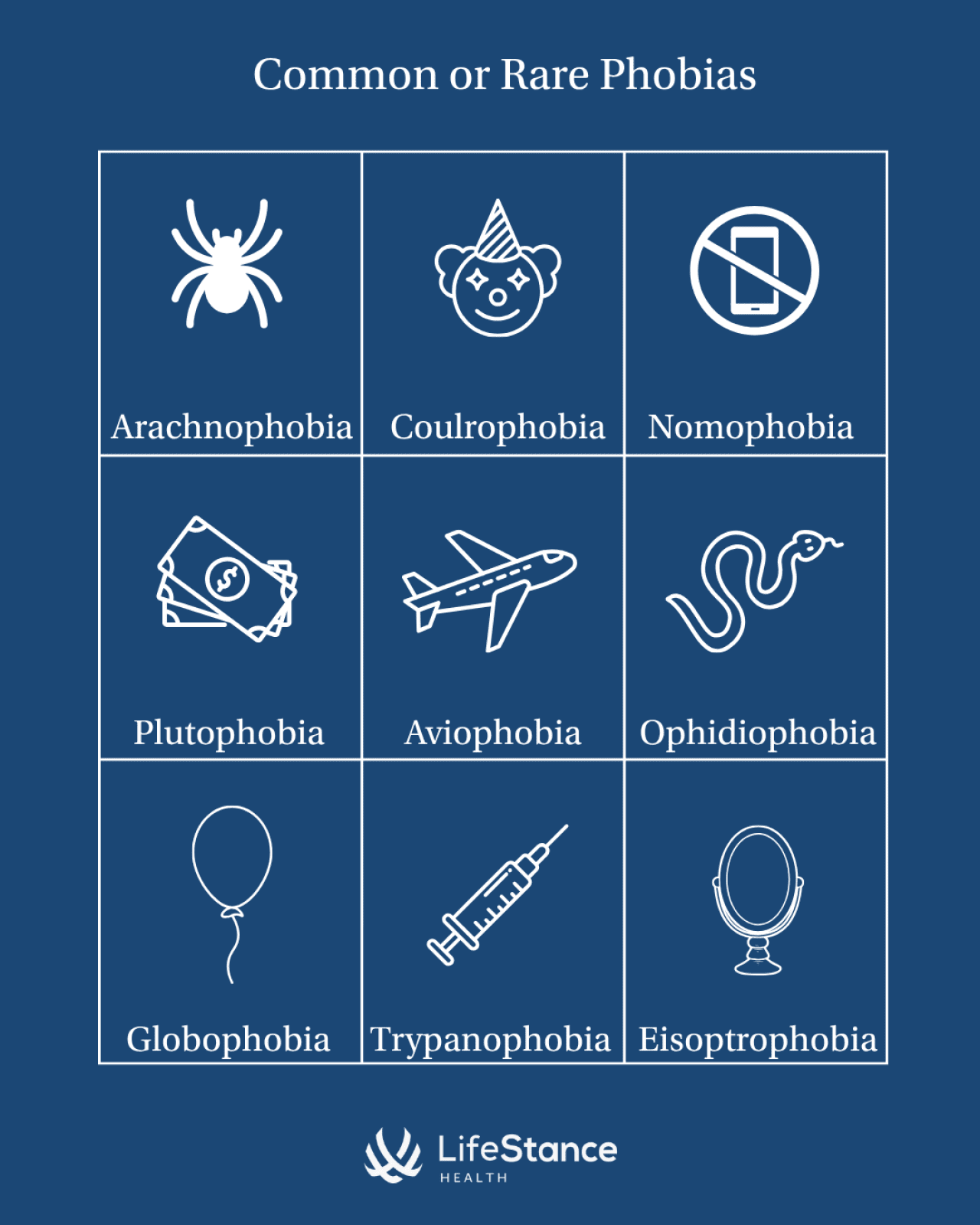 Infographic listing the top 9 common or rare phobias.