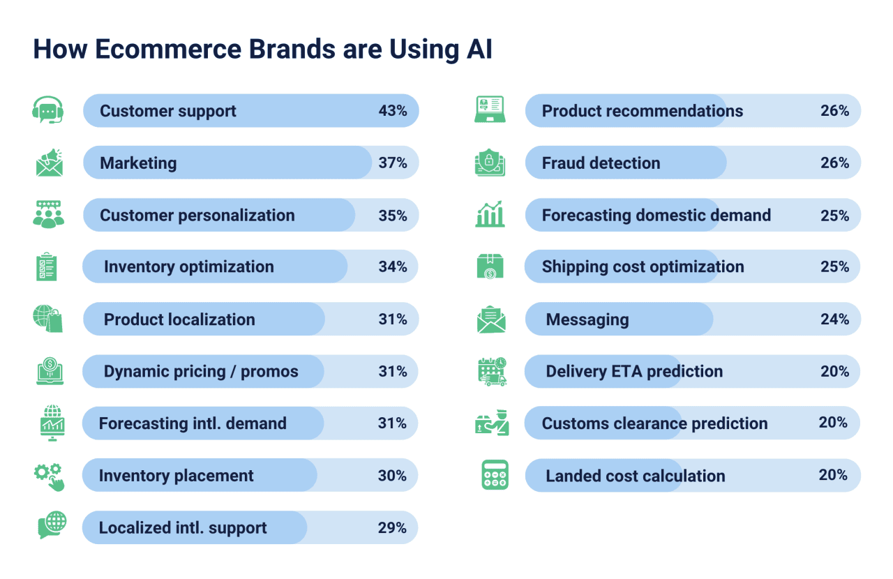 A data graphic showing percentages of how ecommerce brands are using AI.
