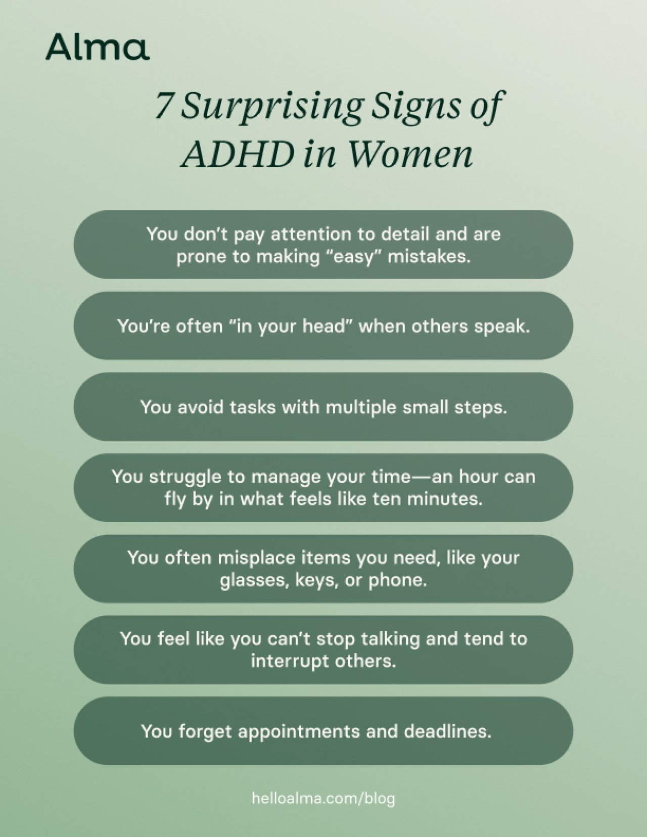Infographic listing the 7 surprising signs of ADHD in women.