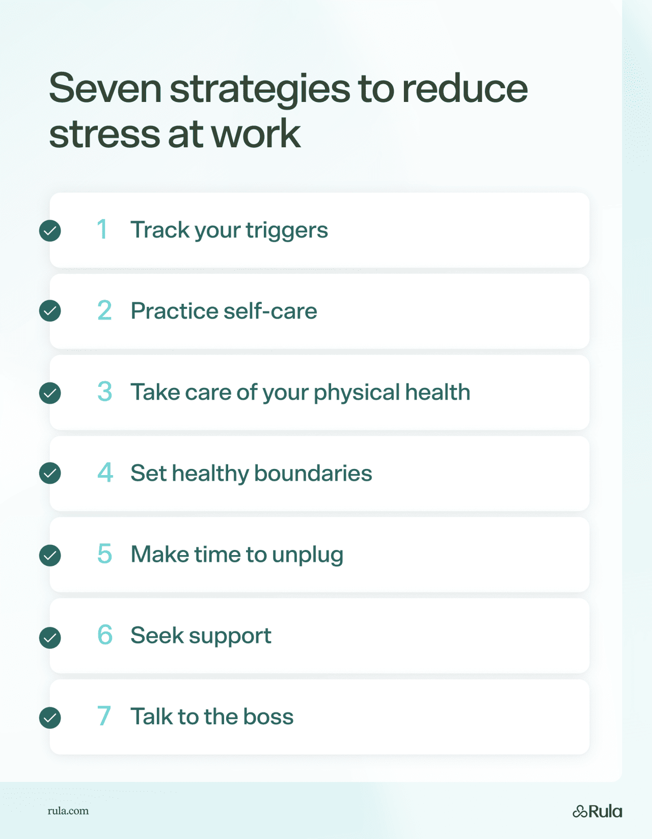 An infographic listing the seven strategies to reduce stress at work.