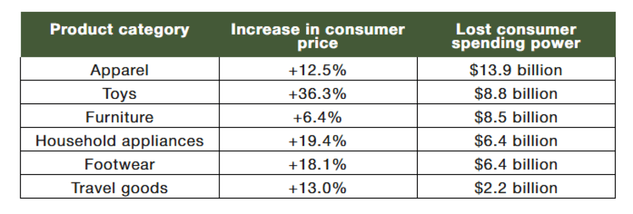 A table listing six product categories and their increase in consumer price and lose consumer spending power values.