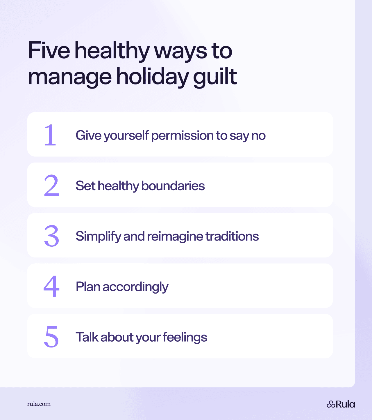 An infographic listing the five healthy ways to manage holiday guilt.