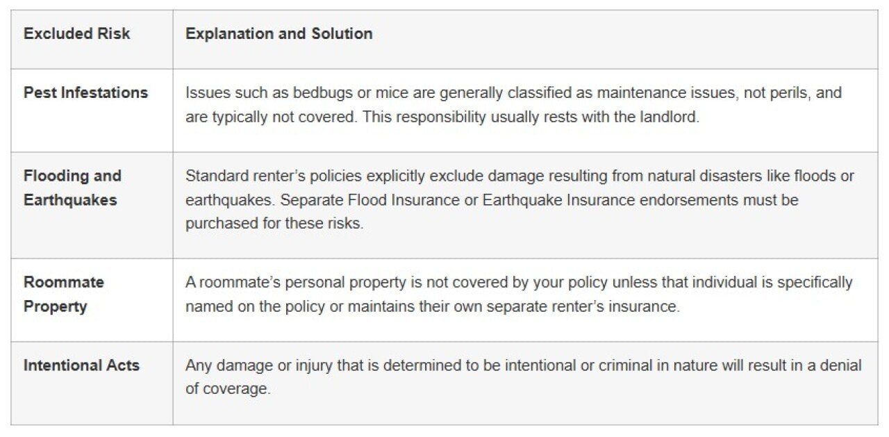 Table showing excluded risks like pest infestations, flooding and earthquakes and roommate property and their explanations and solutions.