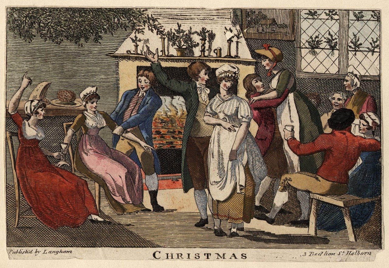 A historic postcard drawing of Christmas celebrations in London in 1810.