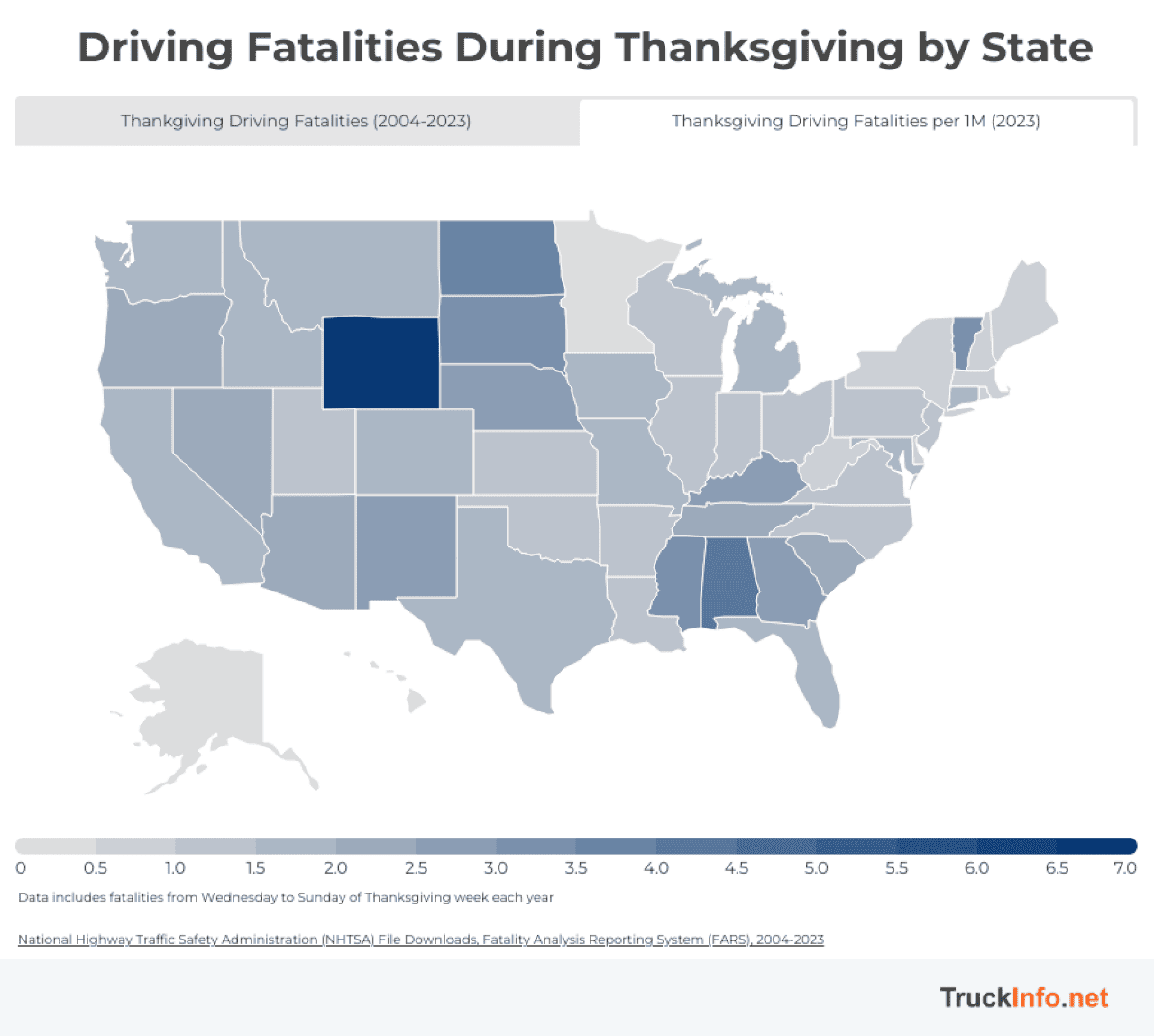 A data map of the US showing driving fatalities during Thanksgiving by state.