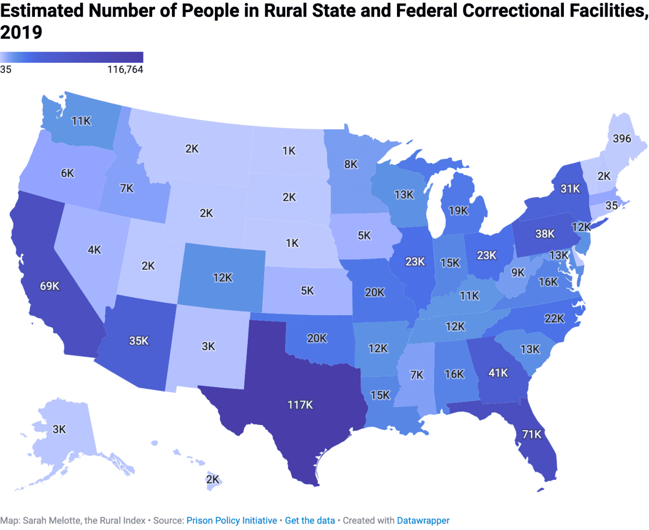 Map showing the number of estimated people in rural state and federal correctional facilities in 2019.