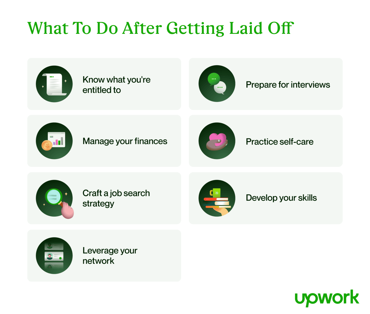 Infographic showing seven different things to do after getting laid off, which are explained in the article.