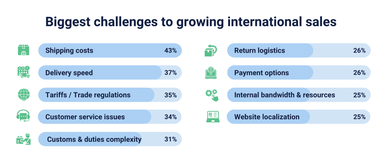 A graphic listing the biggest challenges to growing international sales.