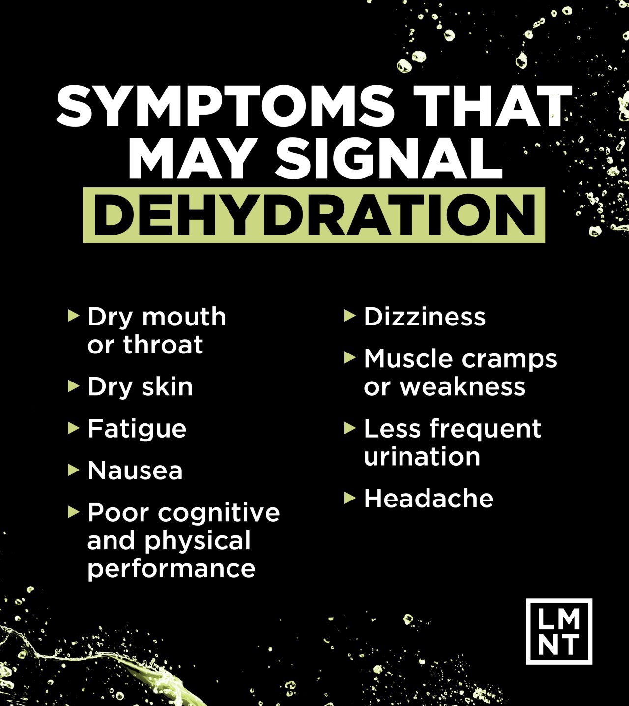 An infographic listing symptoms that may signal dehydration.