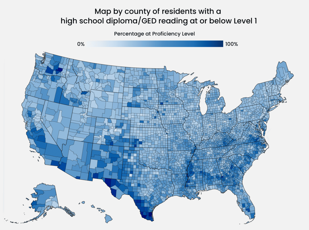 U.S. Skills Map: County Indicators of Adult Literacy showing percentage of residents in the U.S. with a reading level below level 1 that have a high school diploma.