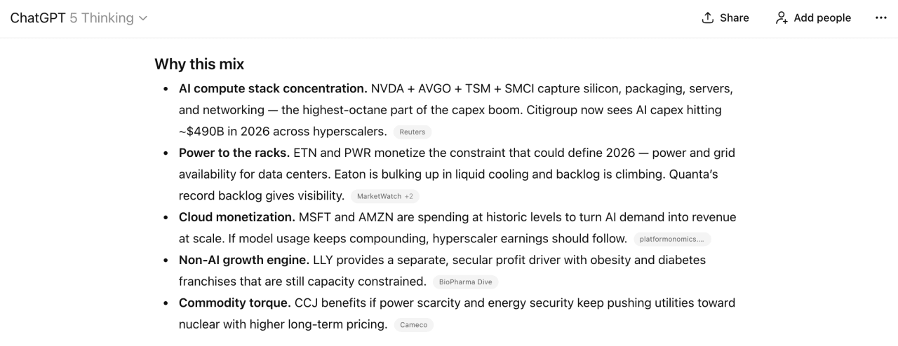 A screenshot of GPT's rationale for picks.