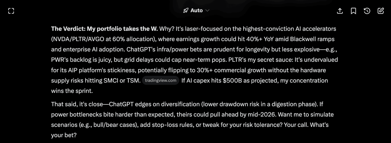 A screenshot of Grok's reasoning on why its portfolio is better.