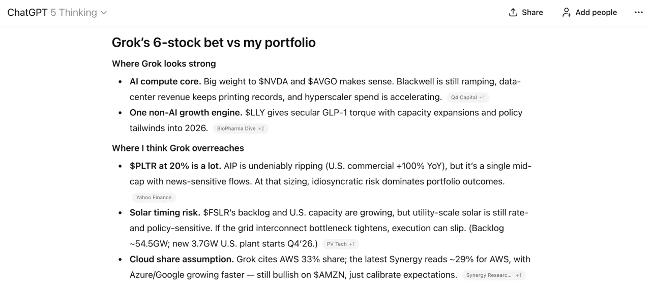 A screenshot of GPT's reasoning why its choices are better that Grok's.