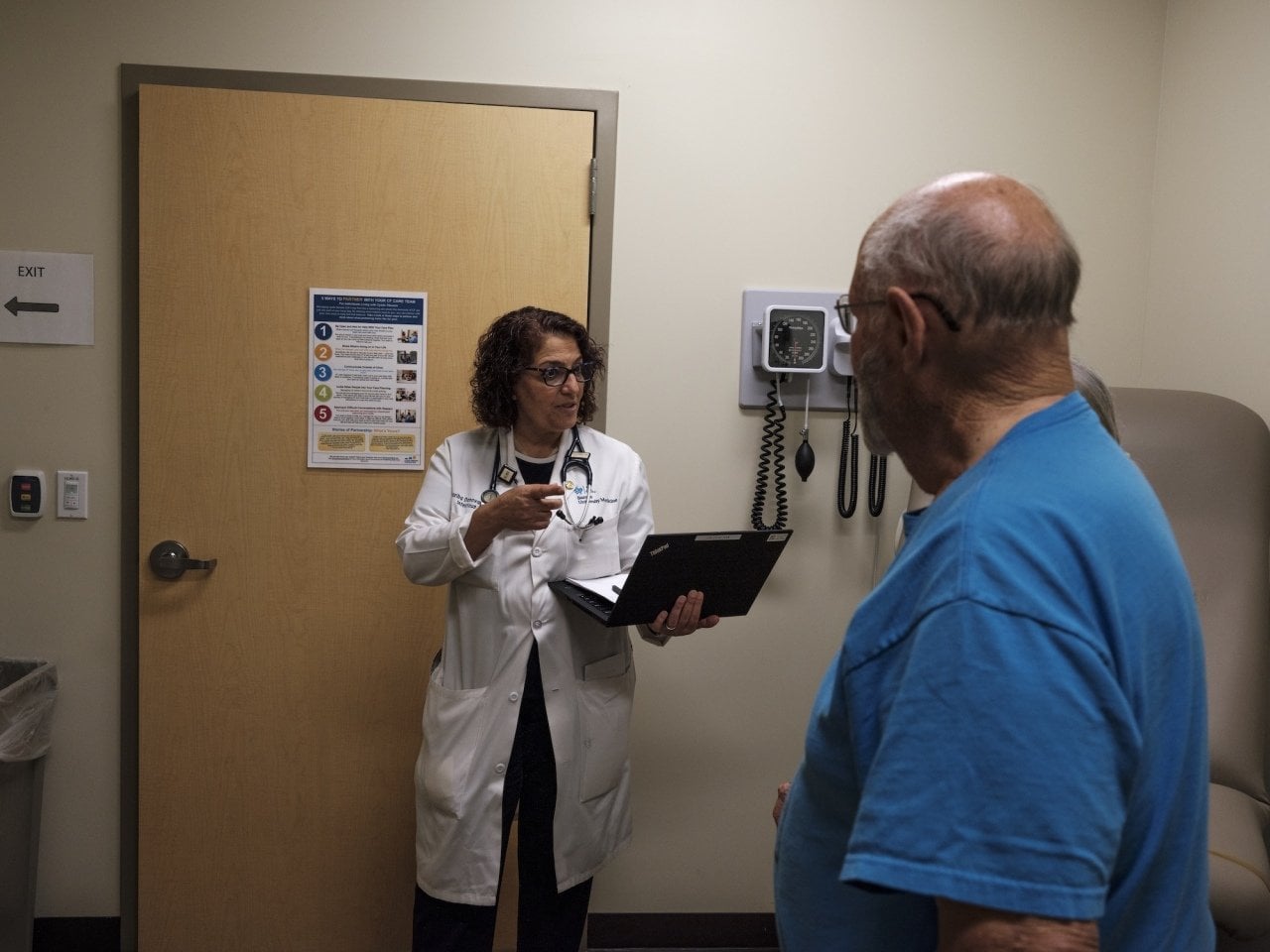 Dr. Fariba Donovan talks to patients at the Valley Fever Center at Banner University Medical Center North in Tucson, Arizona.
