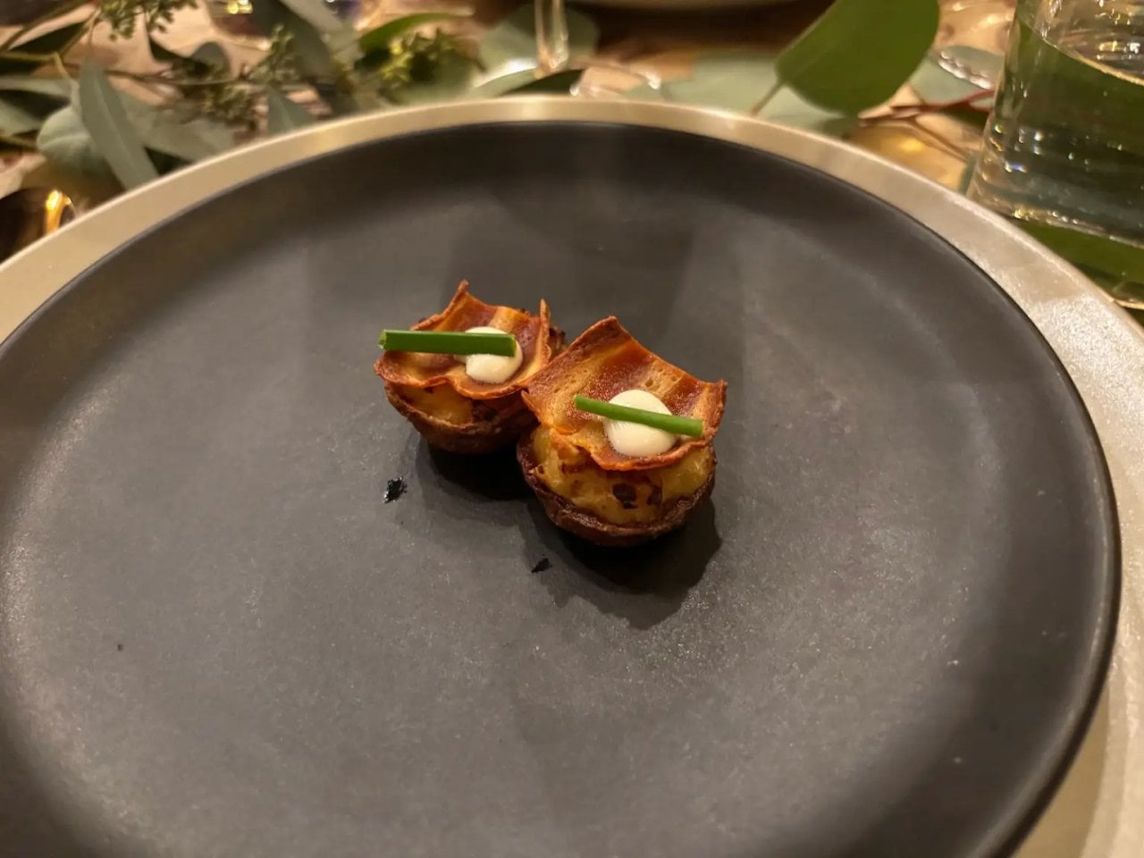 Bacon hors d'oeuvres made from the cultivated pork meat.