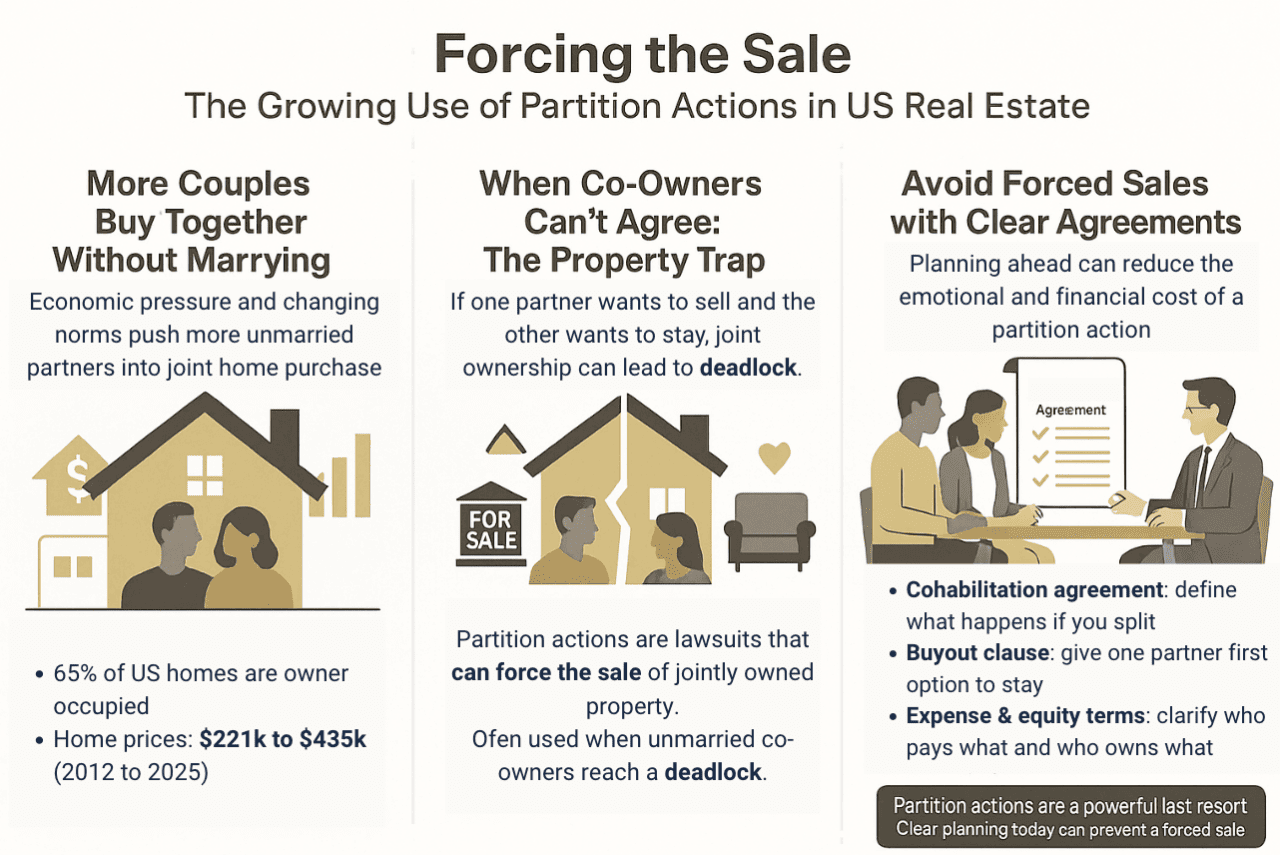An infographic on the growing use of partition actions in US real estate.