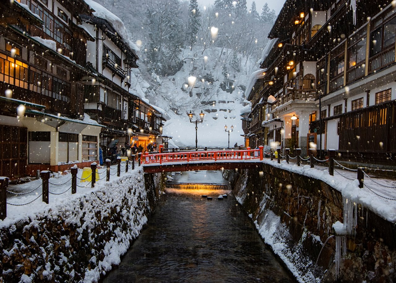 A scenic view of Ginzan Onsen, the most famous hot spring accommodation in Yamagata, Japan.