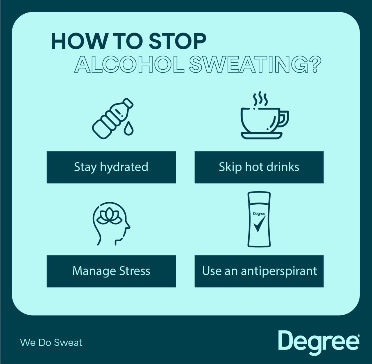 A graphic showing four ways to stop alcohol sweating: stay hydrated, skip hot drinks, manage stress, and use an antiperspirant. 