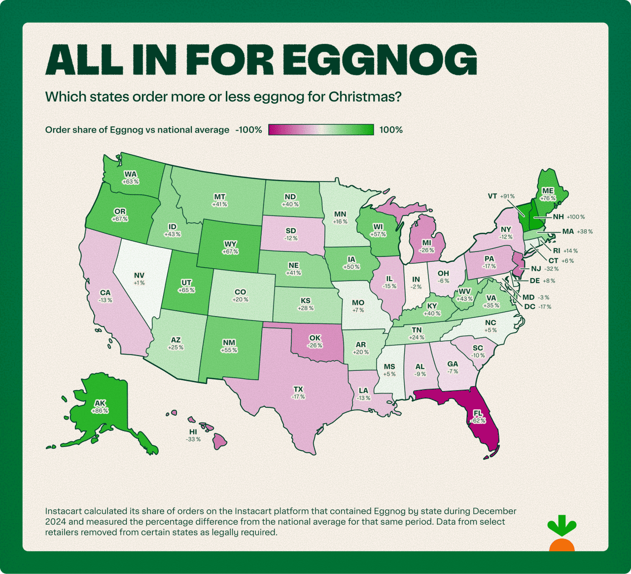 A data graphic showing which states order more or less eggnog for Christmas.