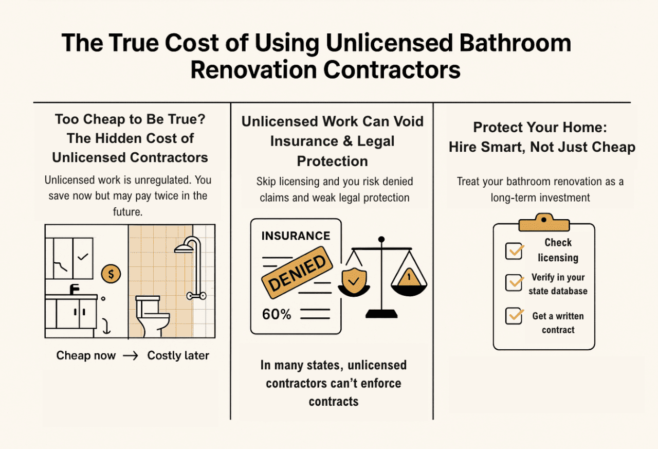 An infographic on the true cost of using unlicensed bathroom renovation contractors.
