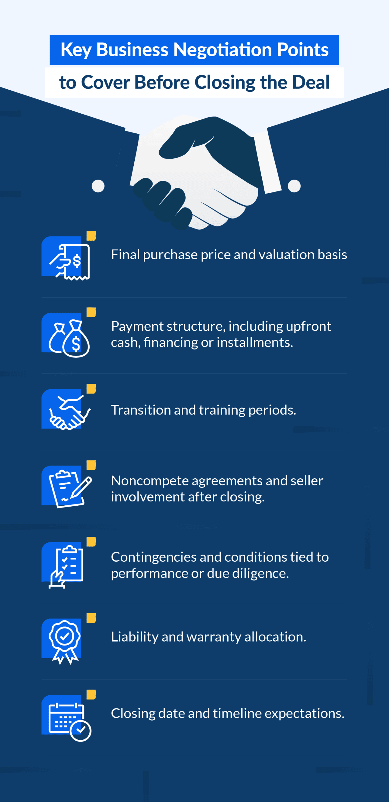 An infographic on key business negotiation points to cover before closing the deal.
