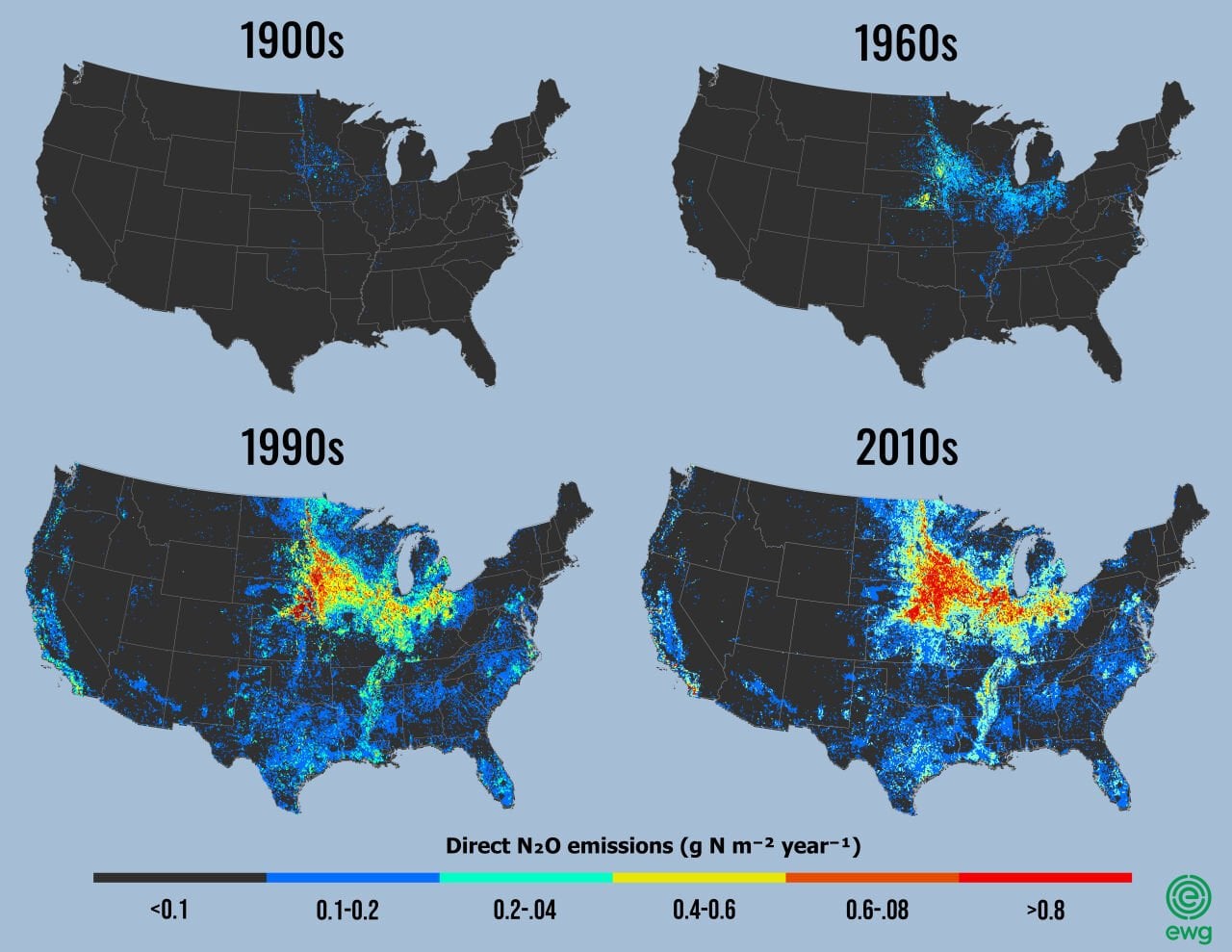Graphic of four maps showing that emissions of greenhouse gas nitrous oxide have soared in America’s Corn Belt between 1900 and 2010.