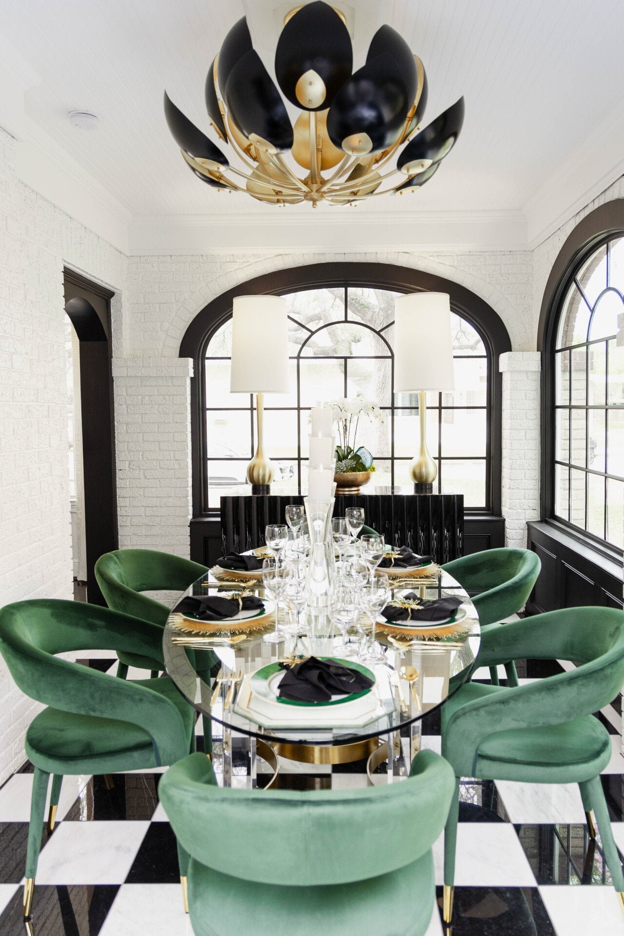 Interior of a modern dining room with art deco influences.