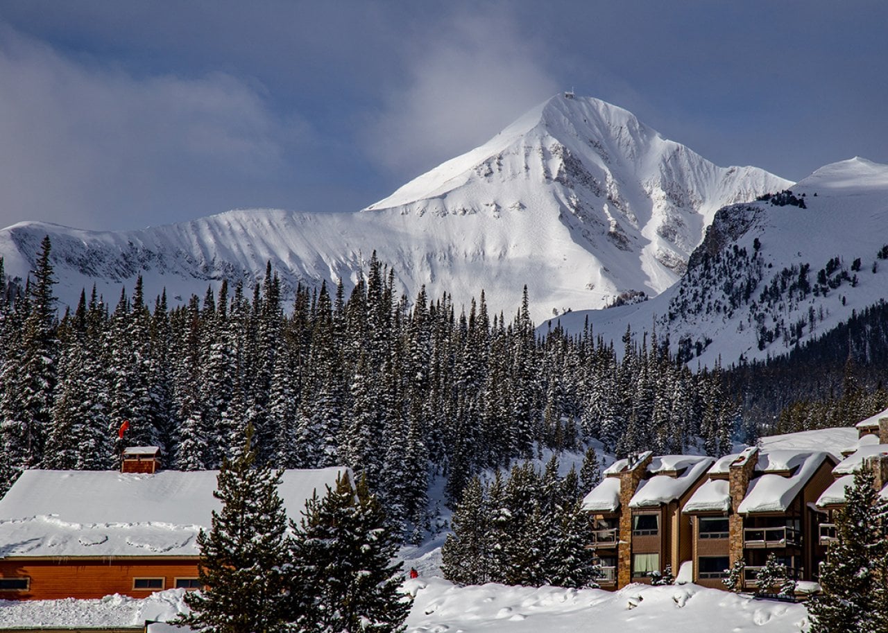 A view of the snowy mountains in Big Sky, Montana.