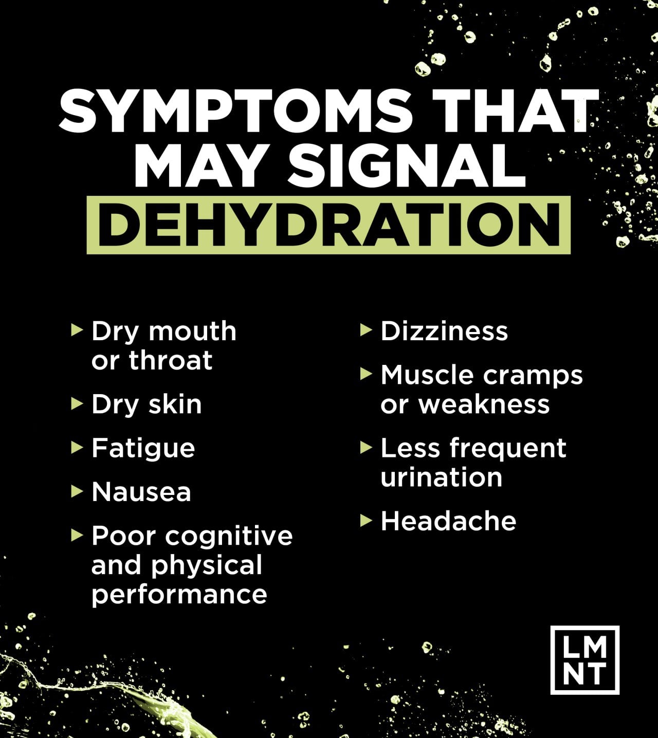 An infographic listing symptoms that may signal dehydration.