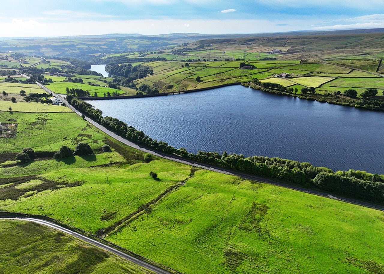 Aerial view of Baitings Reservoir in West Yorkshire, England.