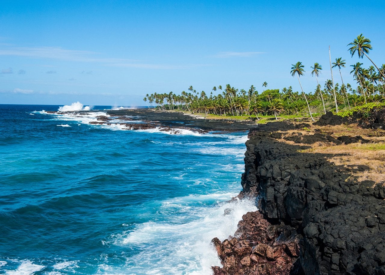 A view of the rocky south coast of Savaii, Samoa.
