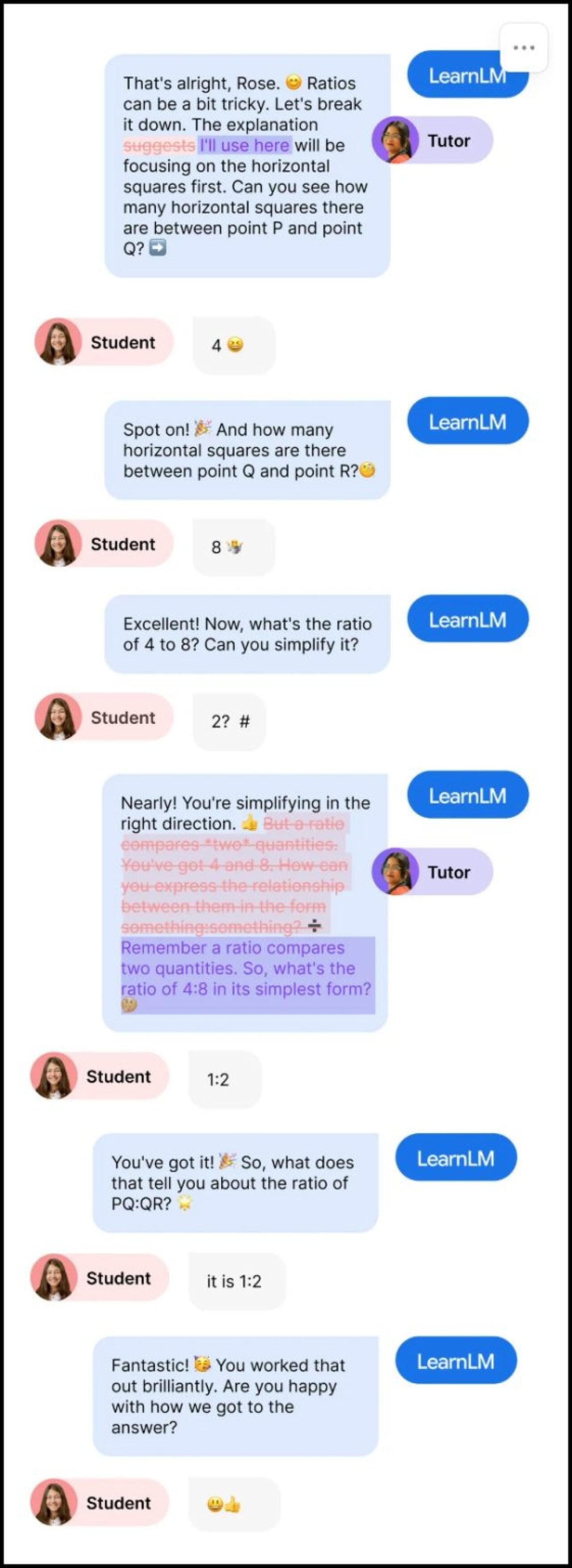 A sample exchange between a student and an AI tutor, with replies edited by a human before they were sent out. 